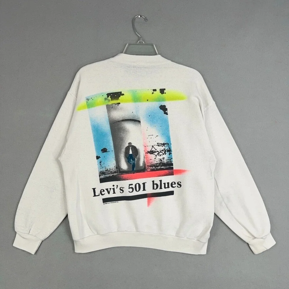 Vintage Levis Sweatshirt Mens Small White 501 Blues Pullover Double Sided 1988